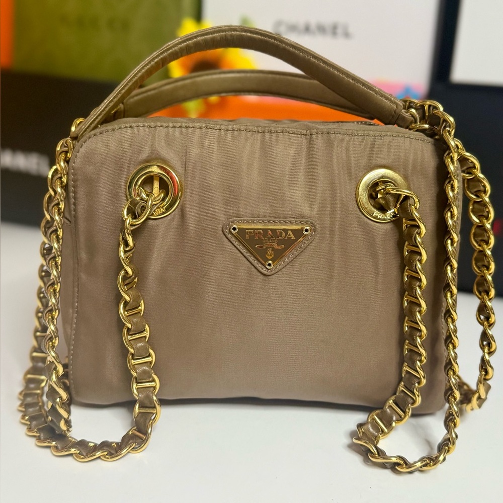 Auth PRADA Triangle Logo Tessuto Nylon Brown Chain Shoulder - Picture 3 of 17